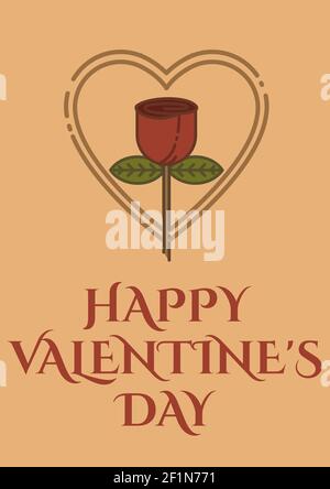 Alles Liebe zum valentinstag Text mit roter Rose im Herzen auf Orangefarbener Hintergrund Stockfoto