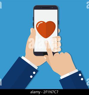 Hand hält Smartphone Herz auf dem Bildschirm. Stock Vektor