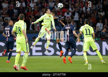 Lionel Messi (FC Barcelone), Marquinhos (psg) Marcos Aoas Correa, Gregory Van der Wiel (psg), Yohan Cabaye (psg), Neymar da Silva Santos Junior (FC Barcelone), Jordi Alba Ramos (FC Barcelone) während des UEFA Champions League Fußball 1/4-Finalspiels mit 1st Beinen zwischen Paris Saint Germain und FC Barcelona am 15. April, 2015 im Parc des Princes in Paris, Frankreich. Foto Stephane Allaman / DPPI Stockfoto