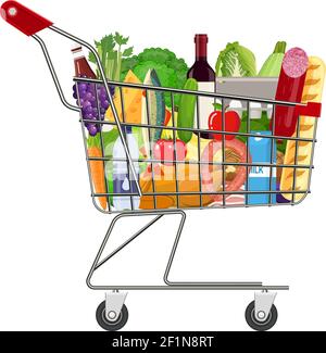 Metall-Warenkorb voller Lebensmittel-Produkte. Stock Vektor