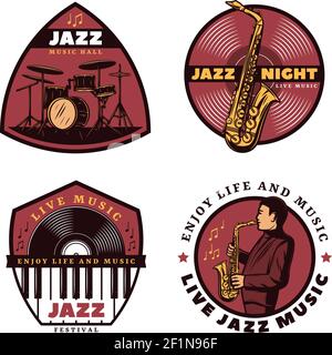 Vintage farbige Live-Jazz-Musik Embleme mit Schriftzügen Musiker Schlagzeug Saxophon Klavier Vinyl isoliert Vektor Illustration Stock Vektor