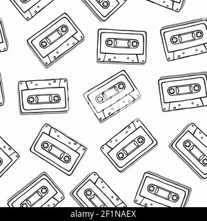 Hand gezeichnete Kassette nahtlose Muster, schwarz-weißen Cartoon-Hintergrund für Musik-Technologie oder Audio-Equipment-Konzept. Stock Vektor