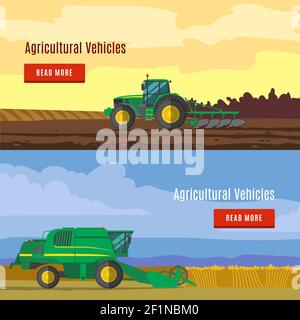 Landwirtschaftliche Fahrzeuge flache Banner mit Feldern und landwirtschaftlichen Geräten für Zeichnung isolierter Vektorgrafik: Pflügen und ernten Stock Vektor