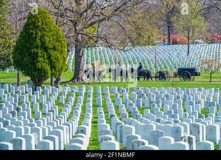 Arlington, Virginia, USA, April 2018: US Army Marine Begräbnis Sarg auf dem Pferdewagen Stockfoto