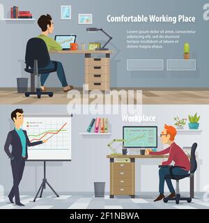 Business-Arbeitsplatz horizontale Banner mit arbeiten beschäftigte Menschen in modernen Komfortables Büro Stock Vektor