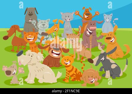 Cartoon Illustration von Comic-Hunde und Katzen lustige Tierfiguren Gruppe Stock Vektor