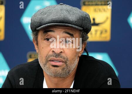 Yannick Noah, ehemaliger französischer Tennisspieler und Kapitän des französischen Davis Cup Teams, hält eine Pressekonferenz während des ATP World Tour Masters 1000 Indoor Tennis Turniers, BNP Paribas Masters in Bercy (AccorHotels Arena), Paris, Frankreich, vom 31. Oktober bis 8. November 2015. Foto Stephane Allaman / DPPI Stockfoto