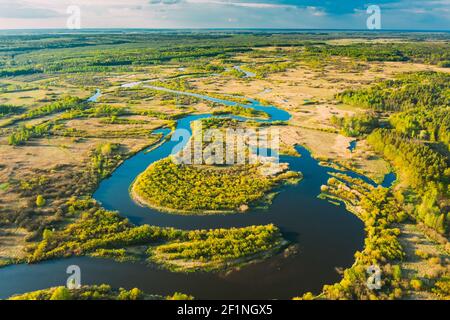 Luftaufnahme Green Forest Woods Und Flusslandschaft Im Sonnigen Frühling Sommertag. Top Blick Auf Die Schöne Europäische Natur Von High Attitude Im Herbst Stockfoto