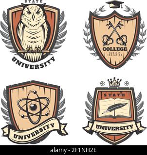 Vintage farbigen Universität Embleme mit Eule gekreuzten Tasten Atom gesetzt Modell Feder Buch auf Schilde isoliert Vektor Illustration Stock Vektor