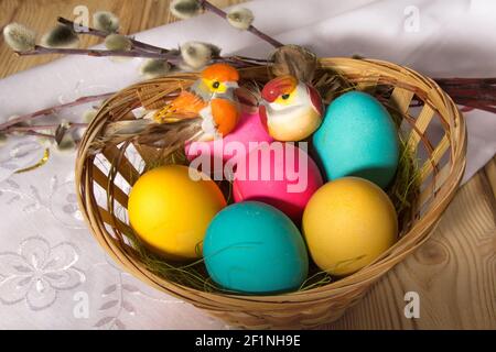 Bemalte Ostereier in einem Korbteller, auf dem Spielzeugvögel sitzen. Stockfoto