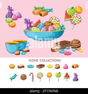 Sweet Candy Icon Set Zusammensetzung mit Süßigkeiten gelegt auf Platten und in Gruppen Vektordarstellung Stock Vektor