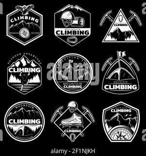 Vintage weißen Bergsteigen Logos mit Aufschriften Kletterausrüstung gesetzt Natur Landschaft auf schwarzem Hintergrund isoliert Vektor-Illustration Stock Vektor
