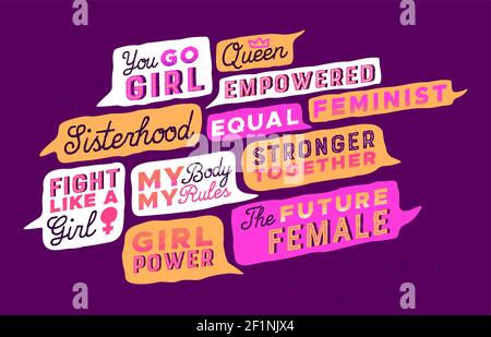 Feministische Bewegung Zitat Set, kraftvolle inspirierende Worte und Motivation Botschaften für Frauenrechte. Frauen Gleichheit Typografie Zitate, Sticker Pack oder Stock Vektor