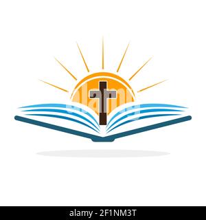 Kirchenlogo. Bibel mit christlichem Kreuz. Abstraktes Religionssymbol. Vektorgrafik. Stock Vektor