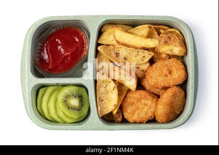 Lunchbox mit leckerem Essen auf weißem Hintergrund Stockfoto