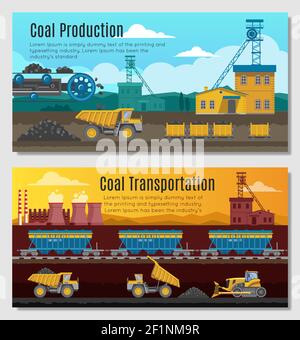 Zwei horizontale Banner der Bergbauindustrie mit Kohleförderung Stock Vektor