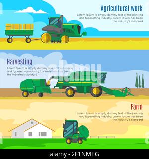 Landmaschinen horizontale Banner mit landwirtschaftlichen Arbeiten Erntemaschinen Ranch gesetzt Auf ländliche Landschaft Hintergründe isoliert Vektor-Illustration Stock Vektor
