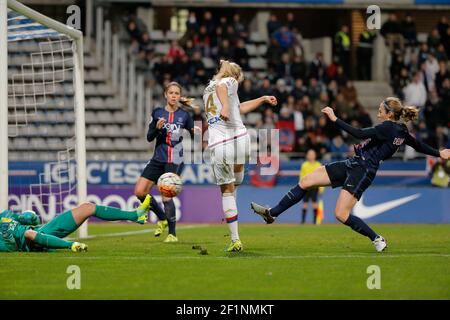 Ada Hegerberg (Olympique Lyonnais), Delannoy Sabrina (PSG-Frauen), Berger Ann-Katrin (PSG-Frauen), Erika Cristiano dos Santos (PSG-Frauen) während des Fußballspiels der französischen Frauenmeisterschaft D1 zwischen Paris Saint Germain und Olympique Lyonnais am 5. Februar 2016 im Charlety-Stadion in Paris, Frankreich - Foto Stephane Allaman / DPPI Stockfoto