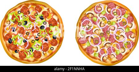 Set von zwei Runde isoliert realistische Bilder von Pizza bunt Ähnlich mit verschiedenen Füllern auf leeren Hintergrund Vektorgrafik Stock Vektor