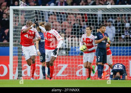 Prinz Oniangue (Stade de Reims) erzielte ein Tor, Antoine Conte (Stade de Reims), David Luiz Moreira Marinho (psg), Thiago Emiliano da Silva (psg), Layvin Kurzawa (psg) während der französischen Meisterschaft Ligue 1 Fußballspiel zwischen Paris Saint Germain und Stade de Reims am 20. Februar, 2016 im Stadion Parc des Princes in Paris, Frankreich - Foto Stephane Allaman / DPPI Stockfoto