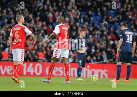 Prinz Oniangue (Stade de Reims) erzielte ein Tor, Antoine Devaux (Stade de Reims), Marco Verratti (psg), Zlatan Ibrahimovic (psg) während der französischen Meisterschaft Ligue 1 Fußballspiel zwischen Paris Saint Germain und Stade de Reims am 20. Februar 2016 im Parc des Princes Stadion in Paris, Frankreich - Foto Stephane Allaman / DPPI Stockfoto