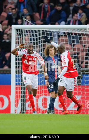Prinz Oniangue (Stade de Reims) erzielte ein Tor, Antoine Conte (Stade de Reims), David Luiz Moreira Marinho (psg), Thiago Emiliano da Silva (psg), Layvin Kurzawa (psg) während der französischen Meisterschaft Ligue 1 Fußballspiel zwischen Paris Saint Germain und Stade de Reims am 20. Februar, 2016 im Stadion Parc des Princes in Paris, Frankreich - Foto Stephane Allaman / DPPI Stockfoto