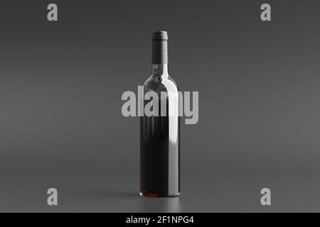 Rotweinflasche, 750 ml, auf schwarzem Hintergrund. Vorderansicht Stockfoto