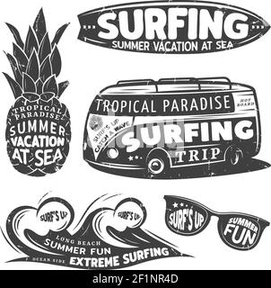 Vintage monochrome Surfgrafiken Set mit Aufschriften und Schriftzügen auf Ananas Bus Wasser Wellen Sonnenbrille isoliert Vektor Illustration Stock Vektor