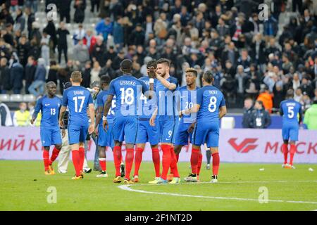 Olivier Giroud (Arsenal FC) (FRA) und Moussa Sissoko (Newcastle United) (FRA), Dimitri Payet (West Ham FC) (FRA), Kingsley Coman (Bayern München) (FRA), Raphael Varane (Real Madrid) (FRA), N Golo Kante (Leicester City) (FRA), Lucas Digne (FRA), FC Bacary Sagna (Manchester) (FRA) während des Internationalen Freundschaftsspiels 2016 Fußball-Spiel zwischen Frankreich und Russland am 29. März 2016 im Stade de France in Saint Denis, Frankreich - Foto Stephane Allaman / DPPI Stockfoto