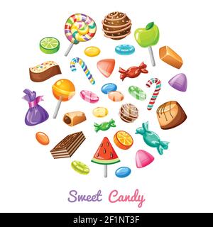 Süße Süßigkeiten Komposition mit farbigen flach isoliert Icon-Set kombiniert In großen runden und Schlagzeile süße Süßigkeiten Vektor Illustration Stock Vektor