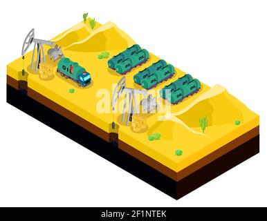 Isometrische Ölproduktion in Wüste Schablone mit Bohranlagen LKW Mineralölfässer und -Tanks isolierte Vektordarstellung Stock Vektor