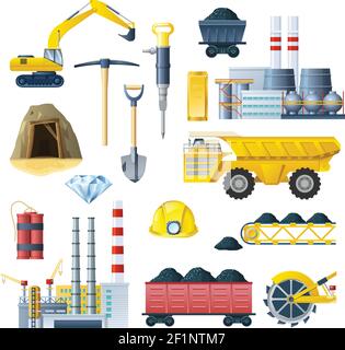 Bergbau insudtry isoliert bunte Elemente mit realistischen Bildern von gesetzt Verschiedene Werkstechniken und Werkzeuge Symbole Vektor Illustration Stock Vektor
