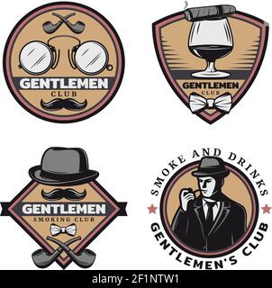 Vintage farbige Gentleman Embleme Set mit stilvollen Mann trinken Zigarre Brille Schnurrbart Rauchen Rohre Hut isoliert Vektor Illustration Stock Vektor