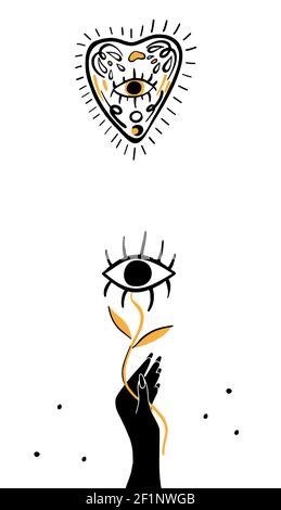 Handgezeichnete Illustration von Hexen Hand und Tarot-Karten. Magische Symbole. Flach und Cartoon-Stil. Für Print-Design, Tattoo, Aufkleber. Wicca Magie Tarot Stock Vektor