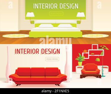 Zwei horizontale Banner Set mit stilisierten dekorativen Möbeln und Interieur Elemente mit Read more Button flache Vektordarstellung Stock Vektor
