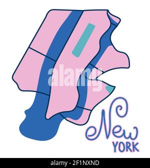 Cartoon farbige flache Karte des Zentrums von New York, Manhattan. Lustige niedliche USA Stadtplan. Lila und blau wuth grün Central Park. Vektorgrafik Stock Vektor