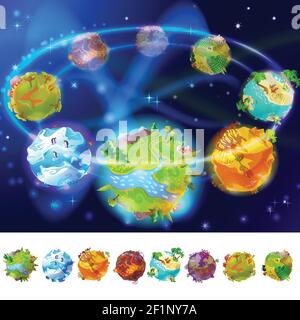 Cartoon Earth Planets Sammlung mit Tieren und verschiedenen Naturlandschaften Auf blau hellem Hintergrund Vektor-Illustration Stock Vektor