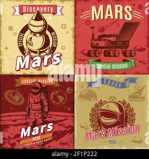 Vintage farbigen Raum Forschungskarten mit Inschriften Raumschiff Rover gesetzt Helm und Kosmonauten auf Mars Planeten Landschaft Vektor Illustration Stock Vektor
