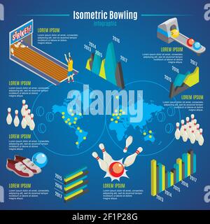 Isometrische Bowling Infografik Vorlage mit Pins Bälle Schuhe Spieler Lane Weltkarte und Grafiken Vektordarstellung Stock Vektor