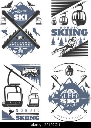 Vier nordische Ski-Kompositionen im alten Stil mit gemischter Seilbahn Kabinen Vögel Skifahrer und Berge Symbole Vektor-Illustration Stock Vektor