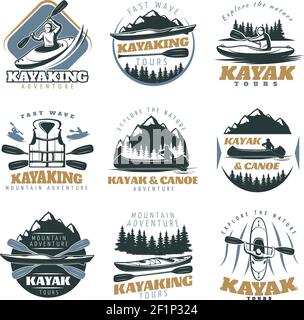 Neun isolierte bunte Embleme mit Kajak und Kanu Berg gesetzt Touren mit Abenteuer Touren Retro Symbole Vektor Illustration Stock Vektor