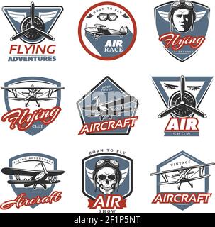 Vintage bunte Flugzeuge Logos mit Flugzeugen Pilot Kopf Schädel und Abbildung des isolierten Vektors der Propeller Stock Vektor