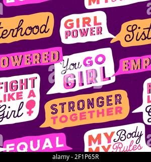 Feministische Zitate nahtlose Musterdarstellung von kraftvollen inspirierenden Wörtern und Motivationsbotschaften. Frauenrechte Hintergrund mit Gleichheit Typografie Stock Vektor