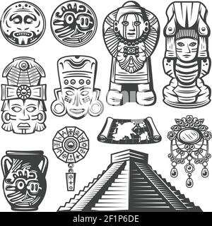 Vintage monochrome maya-Elemente mit zeremoniellen Masken Totems Münzen gesetzt maya Kalender Schmuck Vase Karte Pyramide isoliert Vektor Illustration Stock Vektor