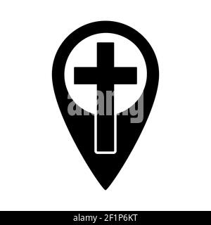 Christliches Kreuz mit Kartenpunkt-Symbol. Religion GPS-Symbol. Vektorgrafik. Lage der Kirche Stock Vektor