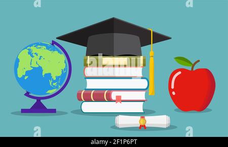 Bildungskonzept. Absolventenhut, Globus, Bücher Stock Vektor