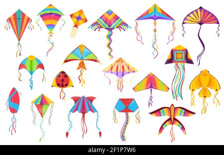 Kite Papier Spielzeug Cartoon Vektor von fliegenden Wind Spielzeug für Sommer Kinder Spiele und Outdoor-Aktivitäten. Drachen mit bunten Schnüren, Schwänzen und Ornamenten in Stock Vektor