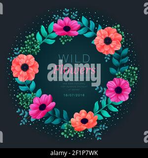 Floraler Kreisrahmen. Tropische Blumen trendige Vorlage. Summer Design mit schönen Neon-Blumen und Blätter mit Kopierraum auf dunklem Hintergrund. Stock Vektor