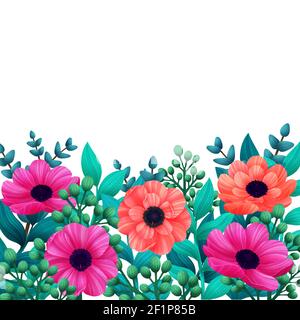 Blumenmuster. Tropische Blumen trendy Sommer Vorlage. Design mit schönen Blumen und Palmblätter mit Kopierplatz auf weißem Hintergrund. Vektor-di Stock Vektor