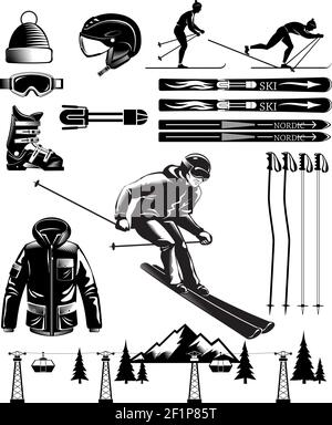 Set von klassischen nordischen Ski-Elemente mit isolierten monochromatischen Skifahrer Abbildungen Ausrüstung und Kabelwege Symbole Vektor-Abbildung Stock Vektor
